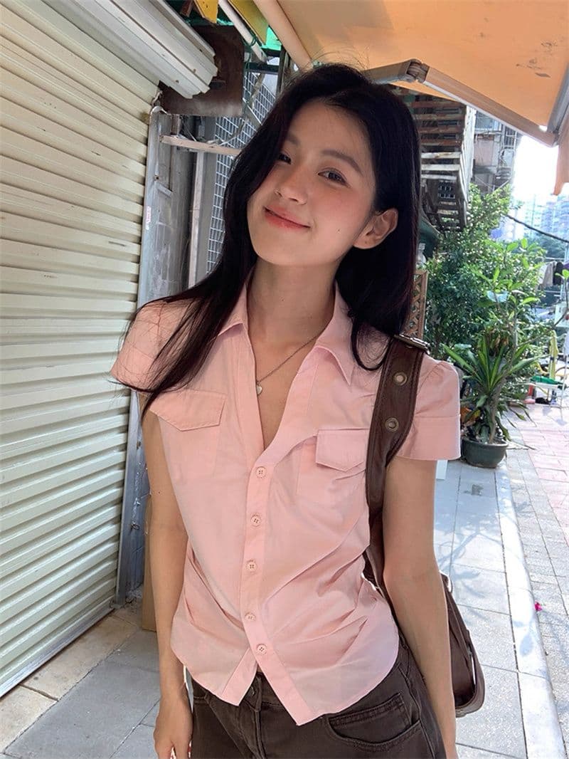 원본 순면 원단 여름 새로운 반팔 긍정적 인 어깨 격자 무늬 셔츠 작은 키 레트로 몸매 가꾸기 맨위 상세 이미지 33