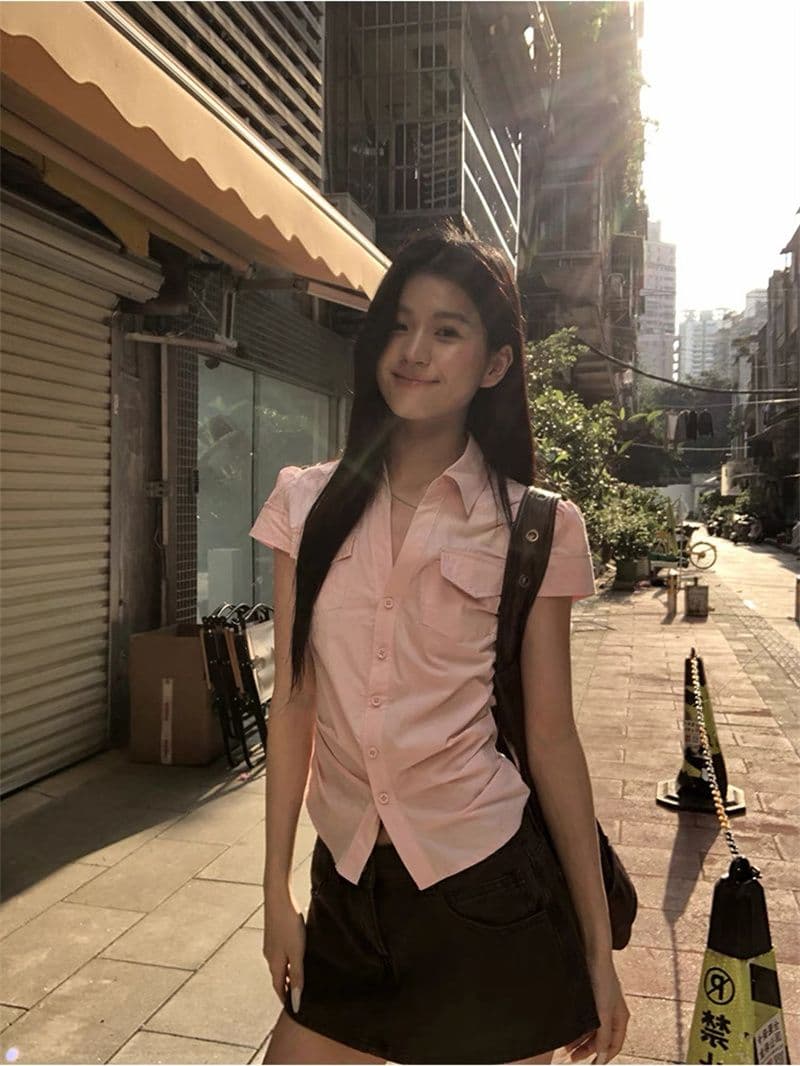 원본 순면 원단 여름 새로운 반팔 긍정적 인 어깨 격자 무늬 셔츠 작은 키 레트로 몸매 가꾸기 맨위 상세 이미지 34