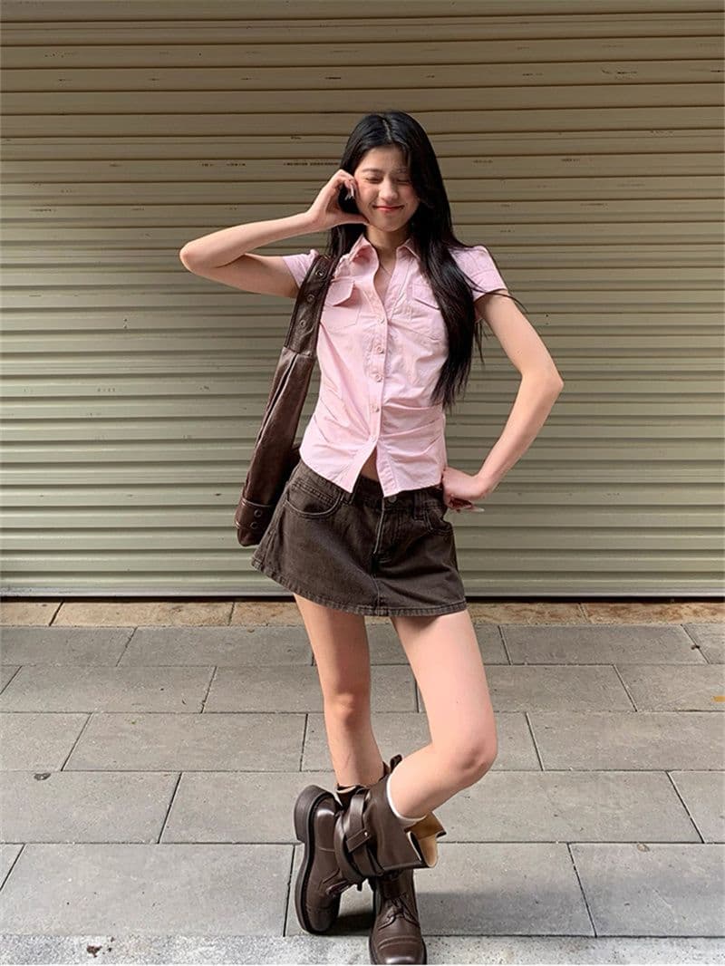 원본 순면 원단 여름 새로운 반팔 긍정적 인 어깨 격자 무늬 셔츠 작은 키 레트로 몸매 가꾸기 맨위 상세 이미지 36
