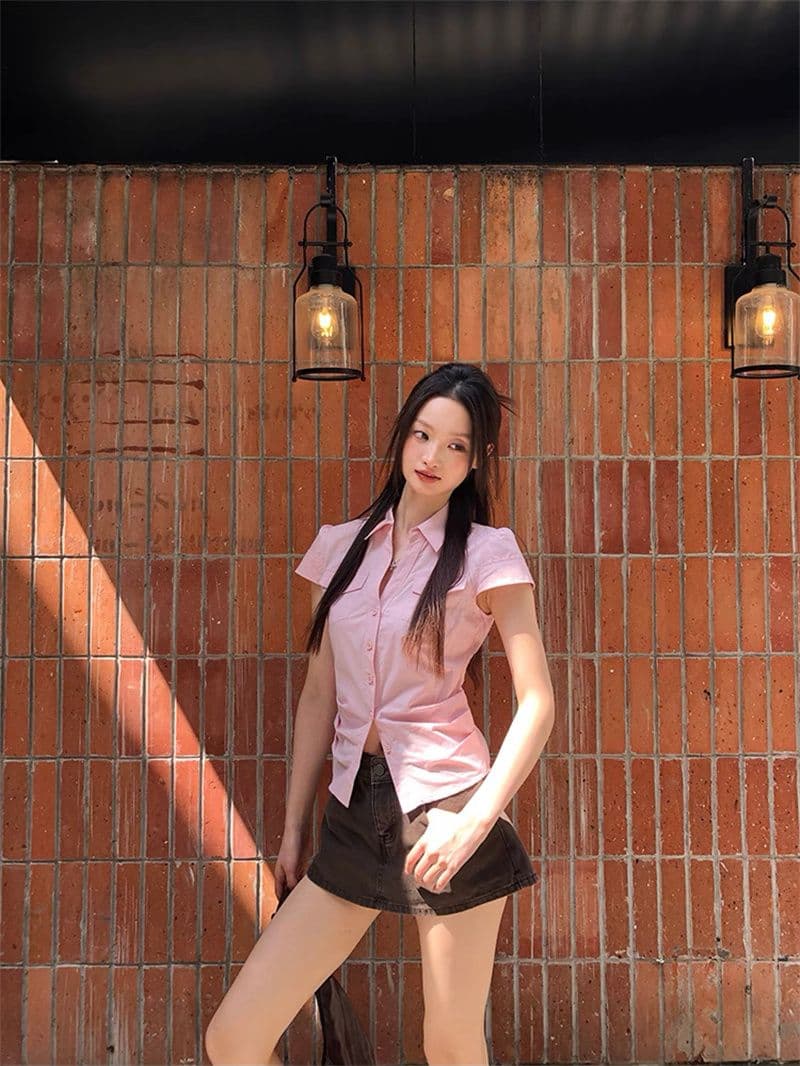 원본 순면 원단 여름 새로운 반팔 긍정적 인 어깨 격자 무늬 셔츠 작은 키 레트로 몸매 가꾸기 맨위 상세 이미지 40