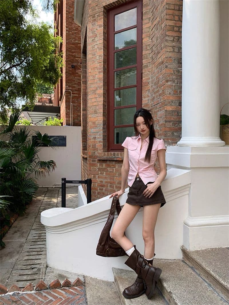 원본 순면 원단 여름 새로운 반팔 긍정적 인 어깨 격자 무늬 셔츠 작은 키 레트로 몸매 가꾸기 맨위 상세 이미지 41