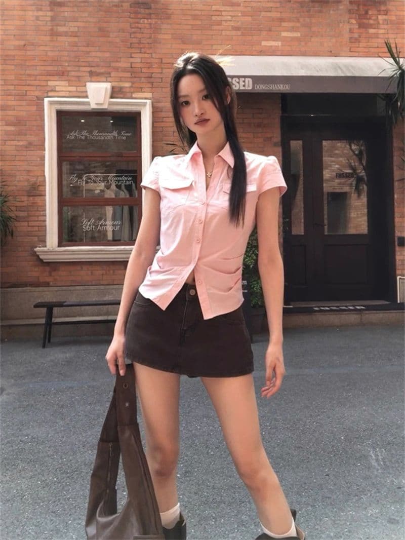 원본 순면 원단 여름 새로운 반팔 긍정적 인 어깨 격자 무늬 셔츠 작은 키 레트로 몸매 가꾸기 맨위 상세 이미지 42