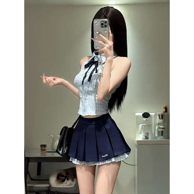 몸매 가꾸기 슬림해 보이는 한 부서 순수한 욕망 바람 달콤한 매운맛 체크무늬 행침 목 조끼 민소매 셔츠 맨위 이미지 2