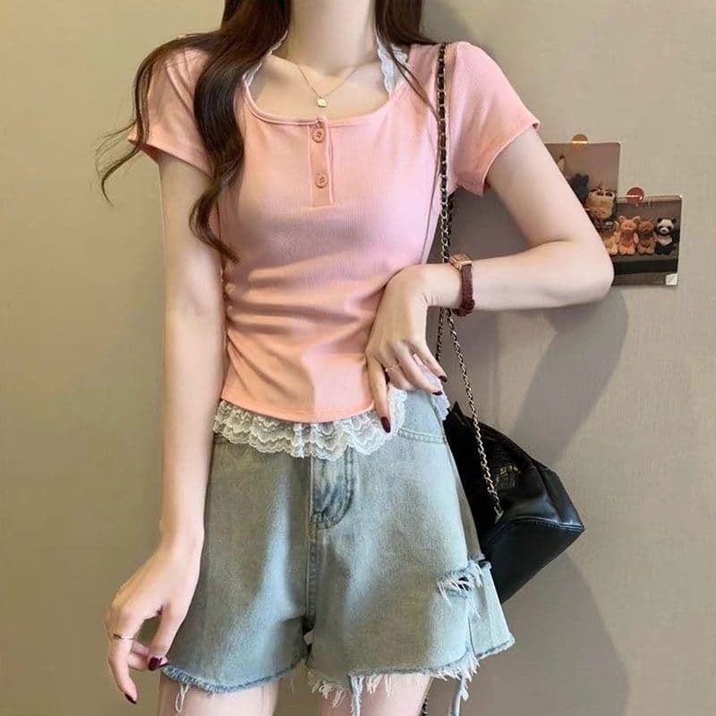 순수한 욕망 바람 레이스 행침 목 페이크 레이어드 티셔츠 여성 여름 한 부서 착용 가져 가라. 디자인 센스 작은 대중 품격 맨위 이미지 4