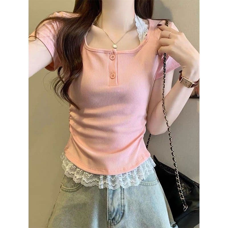 순수한 욕망 바람 레이스 행침 목 페이크 레이어드 티셔츠 여성 여름 한 부서 착용 가져 가라. 디자인 센스 작은 대중 품격 맨위 상세 이미지 2