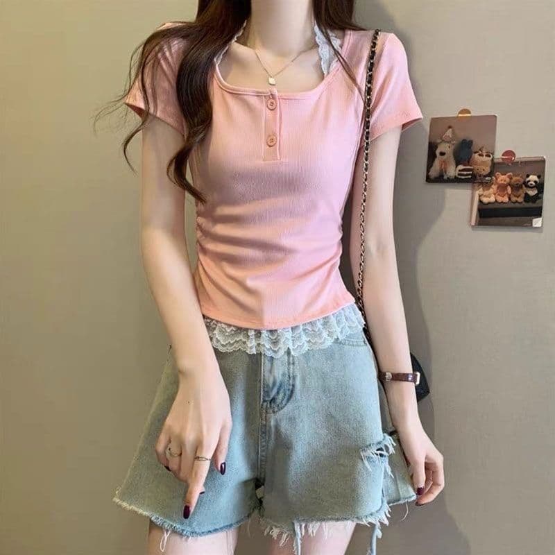 순수한 욕망 바람 레이스 행침 목 페이크 레이어드 티셔츠 여성 여름 한 부서 착용 가져 가라. 디자인 센스 작은 대중 품격 맨위 상세 이미지 4