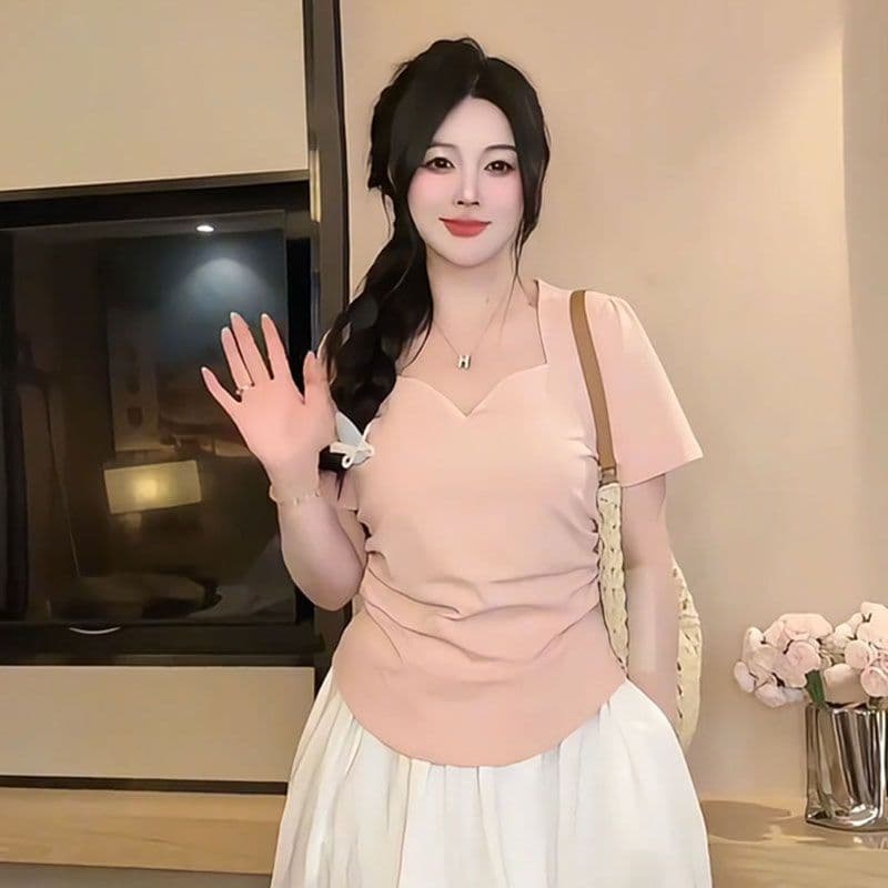 디자인 센스 작은 대중 긍정적 인 어깨 반팔 티셔츠 여성 의류 새로운 여름 아름다운 작은 셔츠 꼬집기 허리 불규칙 맨위
