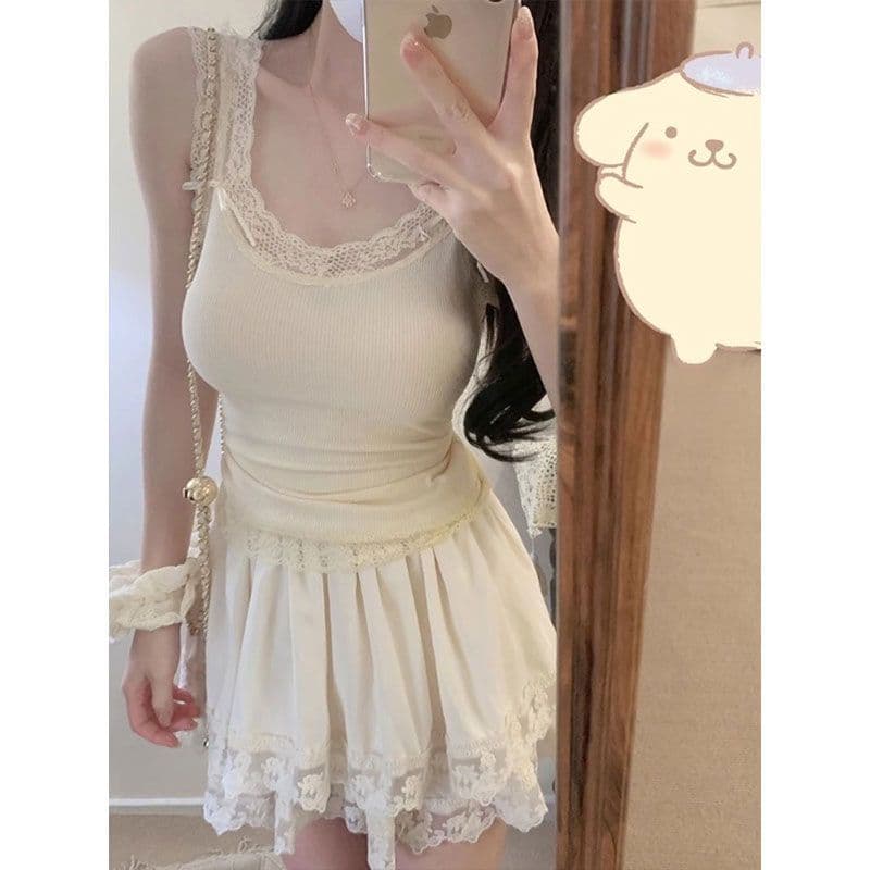 핫걸 순수한 욕망 바람 슬립 작은 조끼 여성 새로운 miu 부서 작은 대중 몸매 가꾸기 패치워크 레이스 레이스 맨위 이미지 4