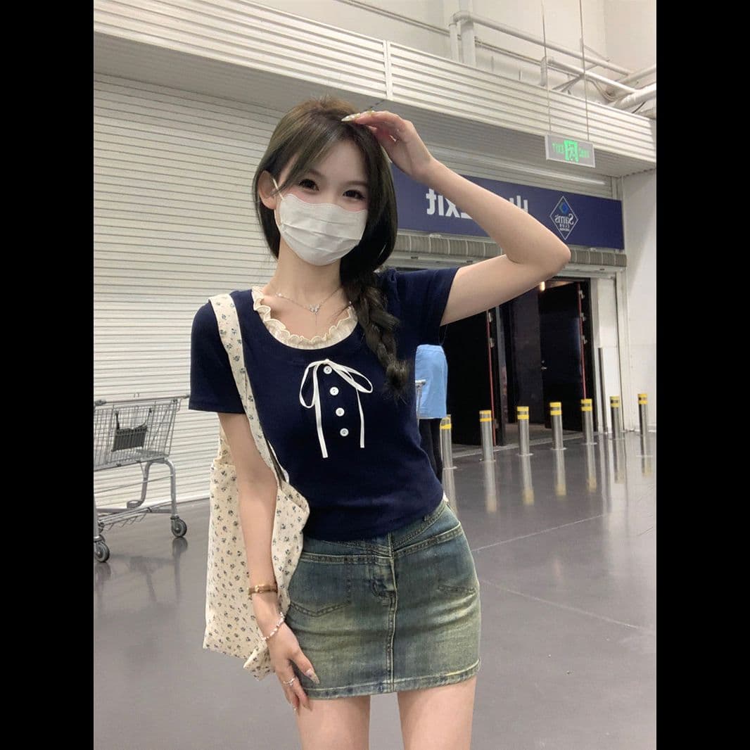 발레 바람 나비 매듭 긍정적 인 어깨 u 칼라 반팔 티셔츠 순수한 욕망 쇼트 스타일 맨위 여성 이미지 3