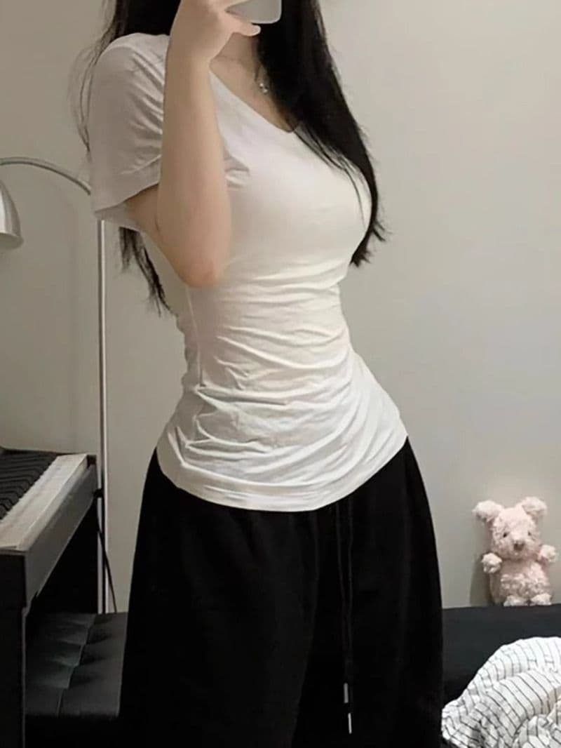 슈퍼 슬림해 보이는 여름 긍정적 인 어깨 허리 수축 V넥 반팔 기초 좋은 착용 작은 심장 기계 핫걸 티셔츠 상세 이미지 4