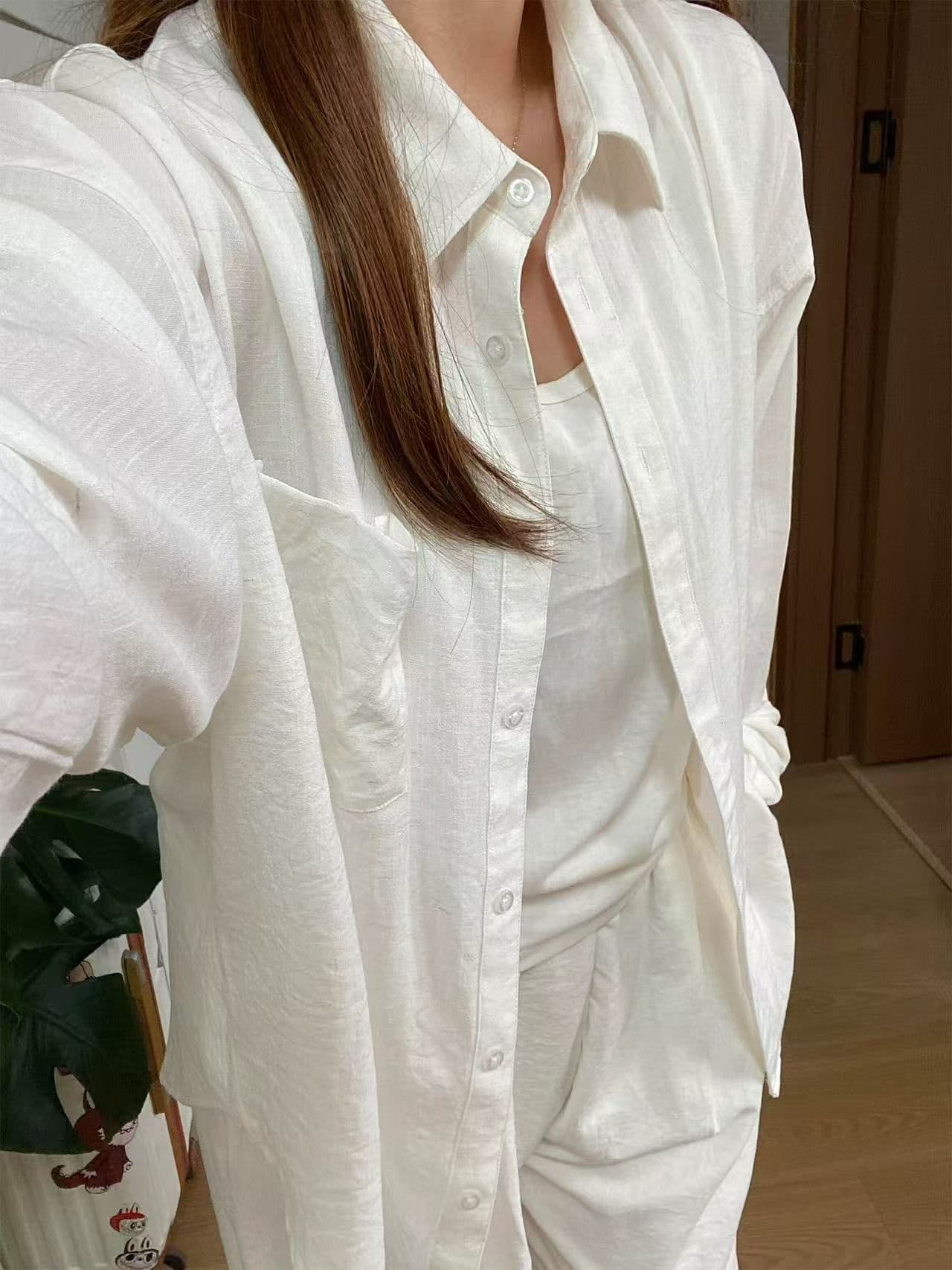 오래된 돈 바람 아마 화이트 셔츠 기초 섹션 단색 셔츠 긴팔 맨위 봄 여름 자외선 차단 재킷 외부 가져 가라. 셔츠 상세 이미지 12