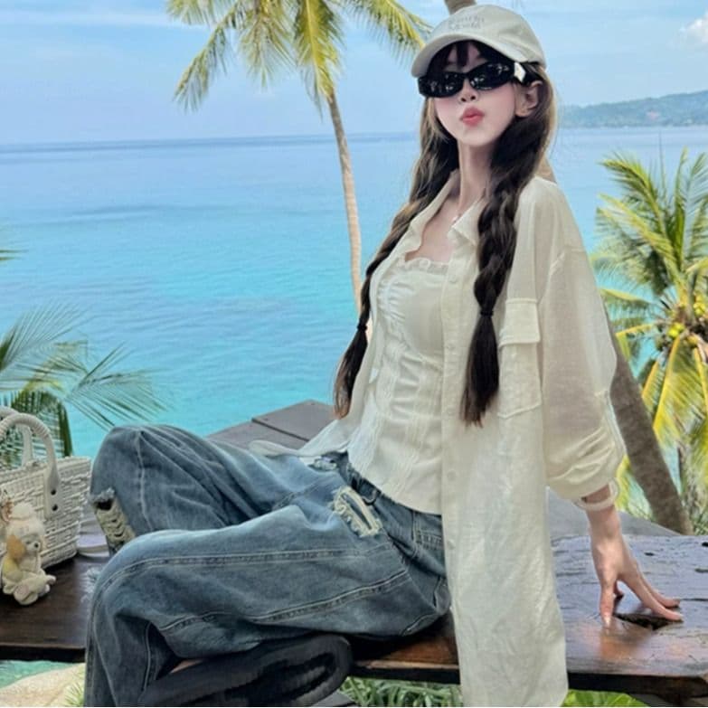 오래된 돈 바람 느슨함 센스 모방 아마 화이트 셔츠 맨위 여성 프랑스식 익스트림 제인 주간 실크 마이크로 ~을 통해 얇고 가벼운 자외선 차단 재킷 이미지 4