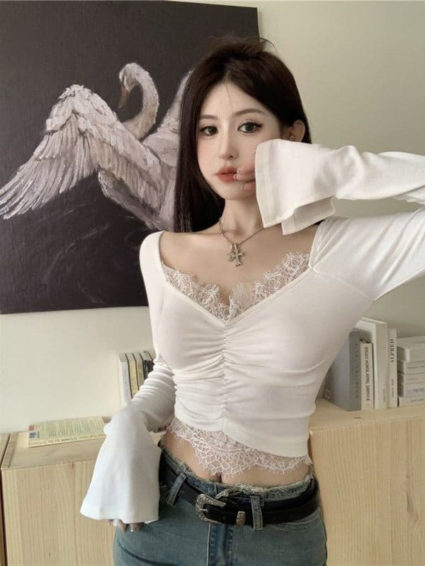 260 그램 사람들 면 모달 달콤한 핫걸 V넥 짧은 긍정적 인 어깨 의류 레이스 디자인 센스 나팔 긴팔 티셔츠 상세 이미지 7
