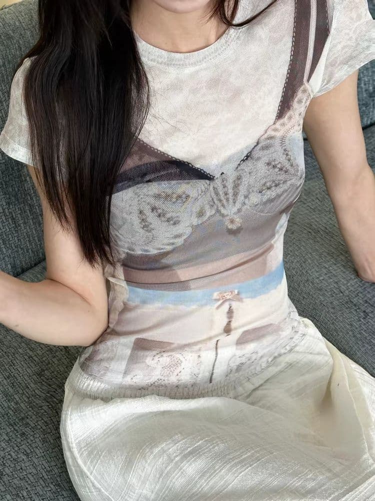 40d 메시 원단 프린트 레이스 꽃무늬 곡물 망사 반팔 얇은 스타일 티셔츠 몸매 가꾸기 슬림해 보이는 시스루 맨위 여름 여성 상세 이미지 2