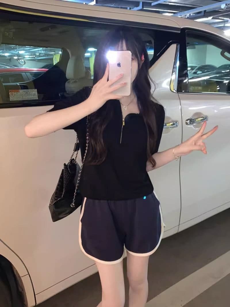 한국 스타일 레트로 고급 센스 외국 가스 미니멀리즘 반팔 polo 폴로 칼라 지퍼 셔츠 얇은 스타일 니트 스웨터 티셔츠 맨위 여성 상세 이미지 2