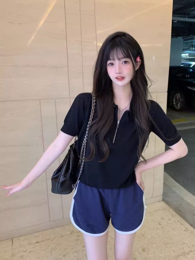 한국 스타일 레트로 고급 센스 외국 가스 미니멀리즘 반팔 polo 폴로 칼라 지퍼 셔츠 얇은 스타일 니트 스웨터 티셔츠 맨위 여성 상세 이미지 8