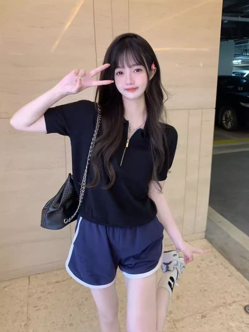 한국 스타일 레트로 고급 센스 외국 가스 미니멀리즘 반팔 polo 폴로 칼라 지퍼 셔츠 얇은 스타일 니트 스웨터 티셔츠 맨위 여성 상세 이미지 9