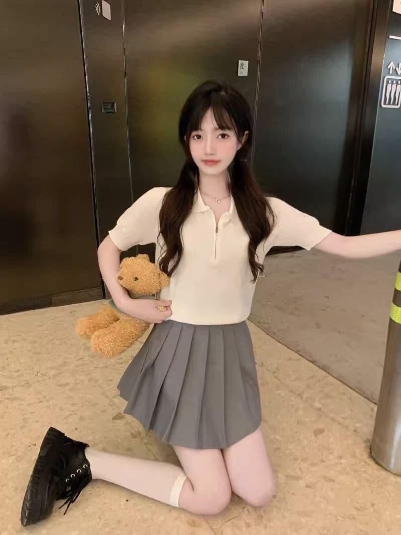 한국 스타일 레트로 고급 센스 외국 가스 미니멀리즘 반팔 polo 폴로 칼라 지퍼 셔츠 얇은 스타일 니트 스웨터 티셔츠 맨위 여성 상세 이미지 16