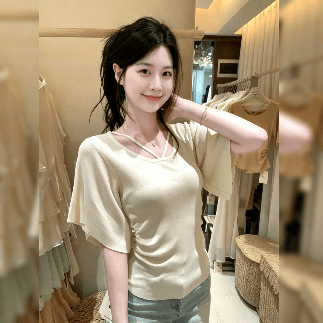 느긋한 바람 V넥 반팔 티셔츠 여성 여름 몸매 가꾸기 슬림해 보이는 작은 대중 다용도 고유 한 아름다운 자이언트 잘 생긴 품격 맨위 이미지 3