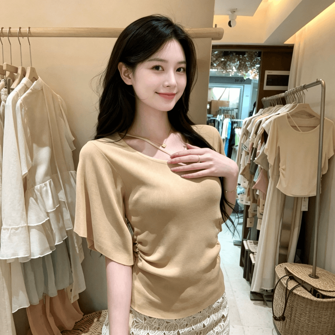 느긋한 바람 V넥 반팔 티셔츠 여성 여름 몸매 가꾸기 슬림해 보이는 작은 대중 다용도 고유 한 아름다운 자이언트 잘 생긴 품격 맨위