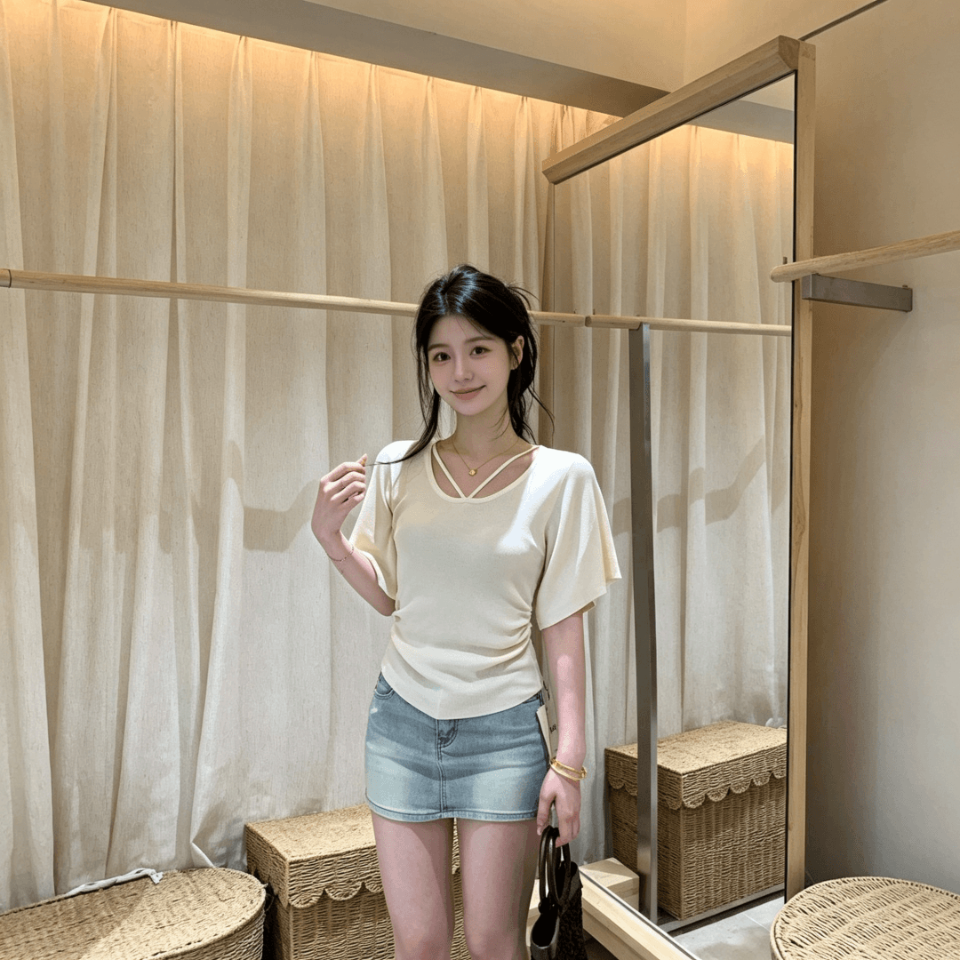 느긋한 바람 V넥 반팔 티셔츠 여성 여름 몸매 가꾸기 슬림해 보이는 작은 대중 다용도 고유 한 아름다운 자이언트 잘 생긴 품격 맨위 상세 이미지 2