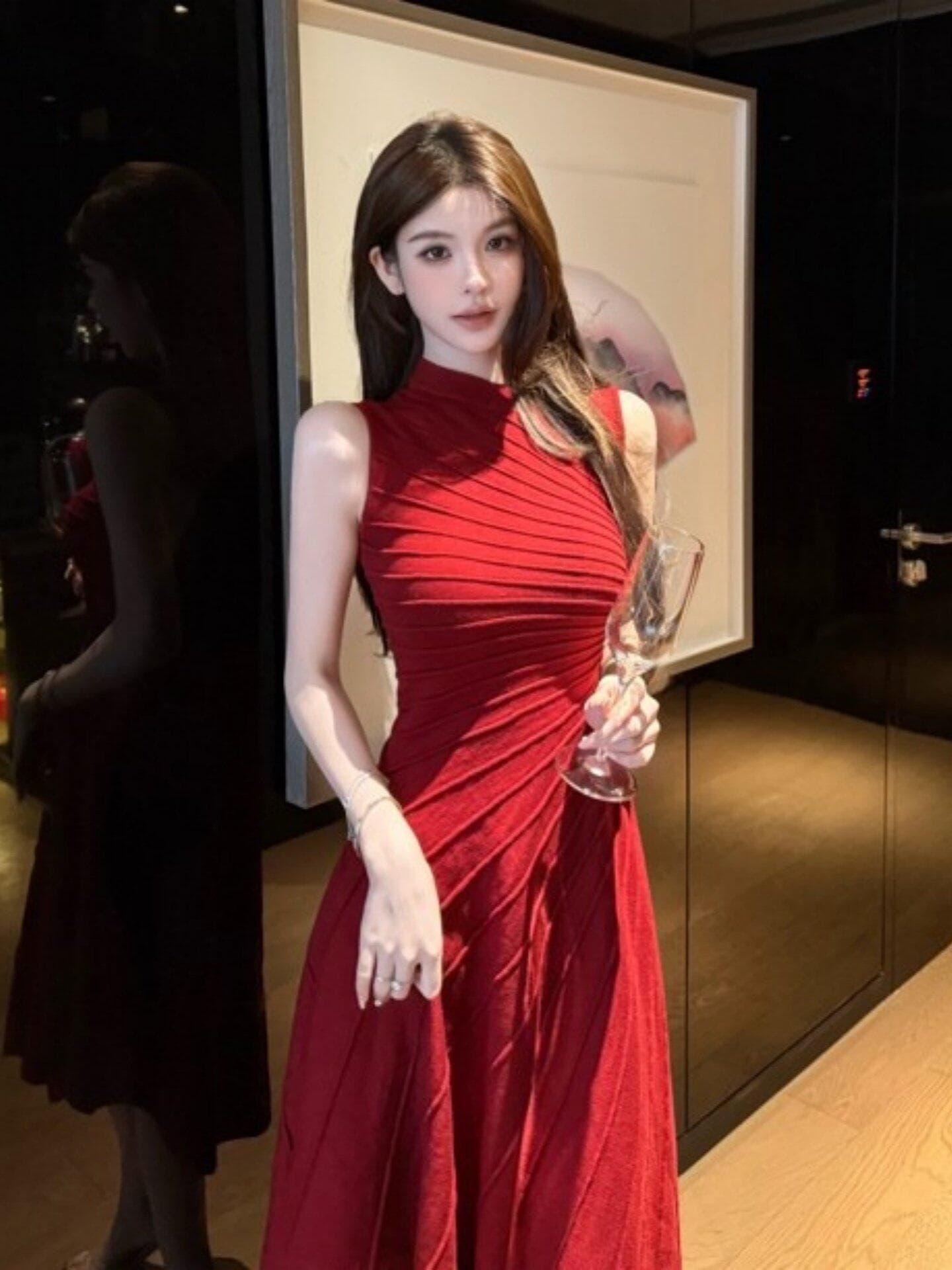 프랑스식 빨간색 불규칙 민소매 조끼 여성 드레스 2026 여름 작은 키 품격 허리 수축 몸매 가꾸기 롱 스커트 이미지 4