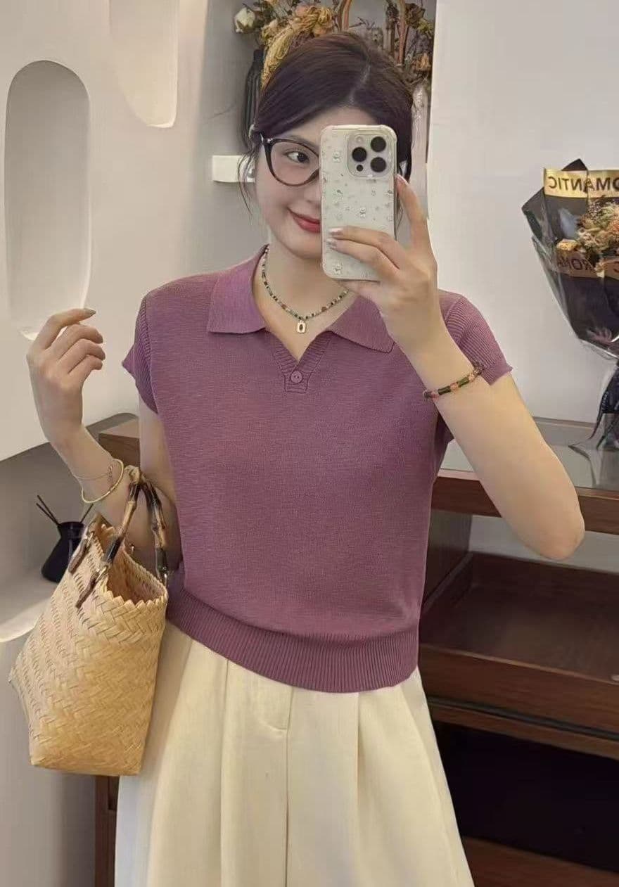 2026 연령 감소 미니멀리즘 POLO 칼라 하나 단추 니트 풀오버 반팔 상세 이미지 2