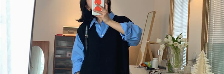 느긋한 바람 니트 베스트 조끼 여성 여름 새로운 루즈핏 V넥 한국 스타일 다용도 인사이드 착용 외부 가져 가라. 어깨 맨위 상세 이미지 6