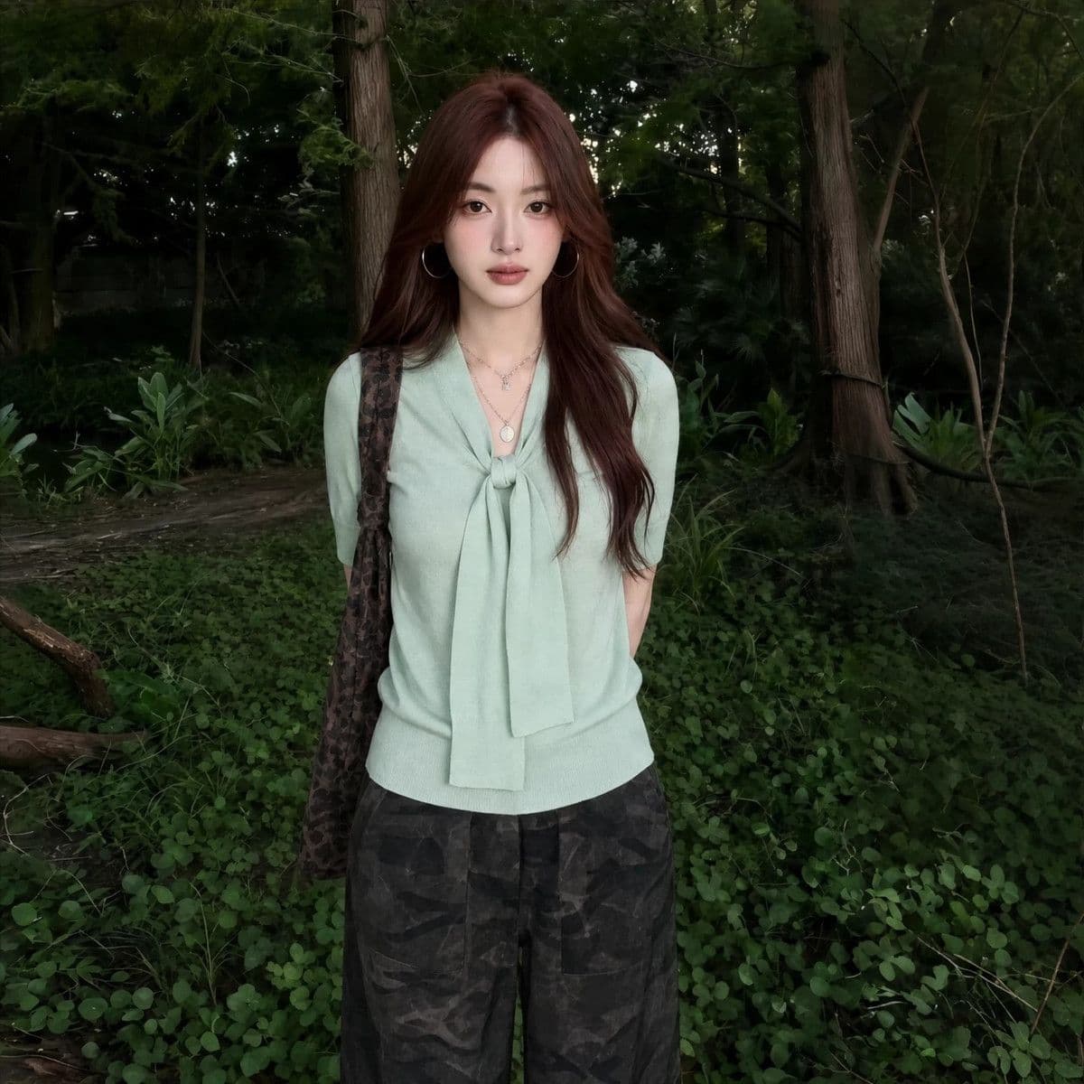 여름 다용도 얇은 스타일 긍정적 인 어깨 반팔 몸매 가꾸기 슬림해 보이는 5 점 소매 맨위 박하 녹색 리본 V넥 니트 스웨터 여성 이미지 2