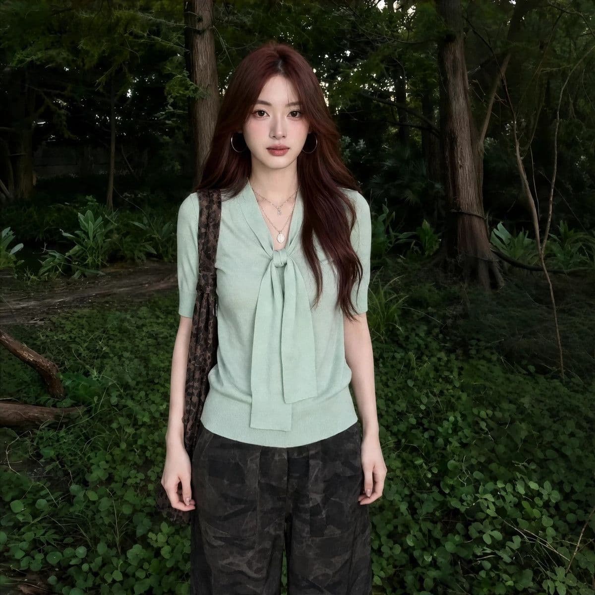 여름 다용도 얇은 스타일 긍정적 인 어깨 반팔 몸매 가꾸기 슬림해 보이는 5 점 소매 맨위 박하 녹색 리본 V넥 니트 스웨터 여성 이미지 4