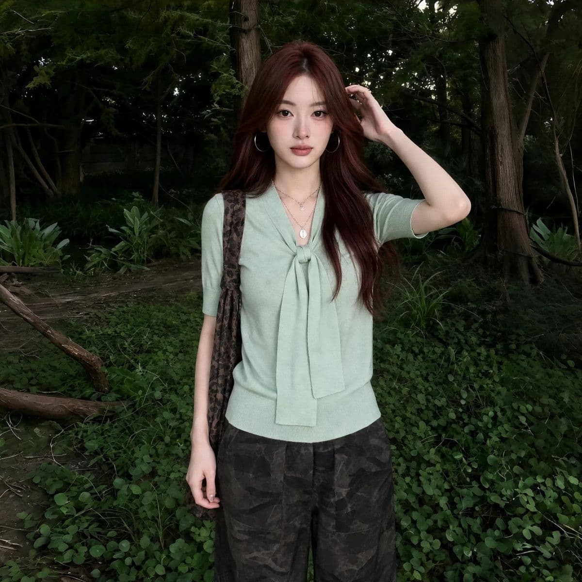 여름 다용도 얇은 스타일 긍정적 인 어깨 반팔 몸매 가꾸기 슬림해 보이는 5 점 소매 맨위 박하 녹색 리본 V넥 니트 스웨터 여성 상세 이미지 5