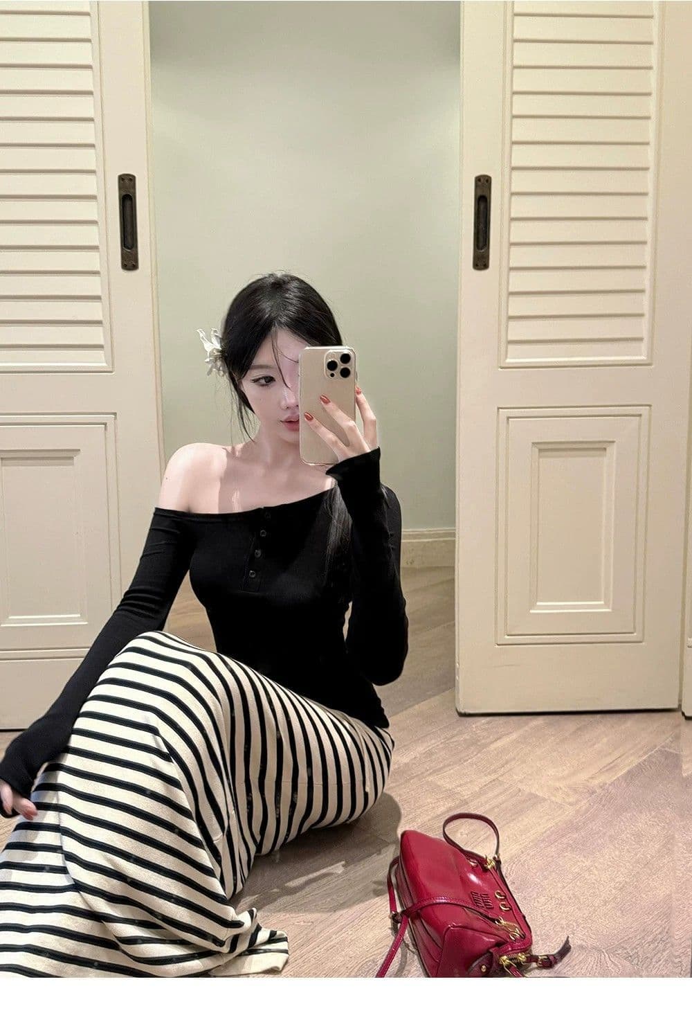 느긋한 스트라이프 니트 반신 스커트 여성 여름 한 부서 패션 품격 출퇴근 스트레이트 롱 스커트 슬림해 보이는 타이트 스커트 치마 상세 이미지 5