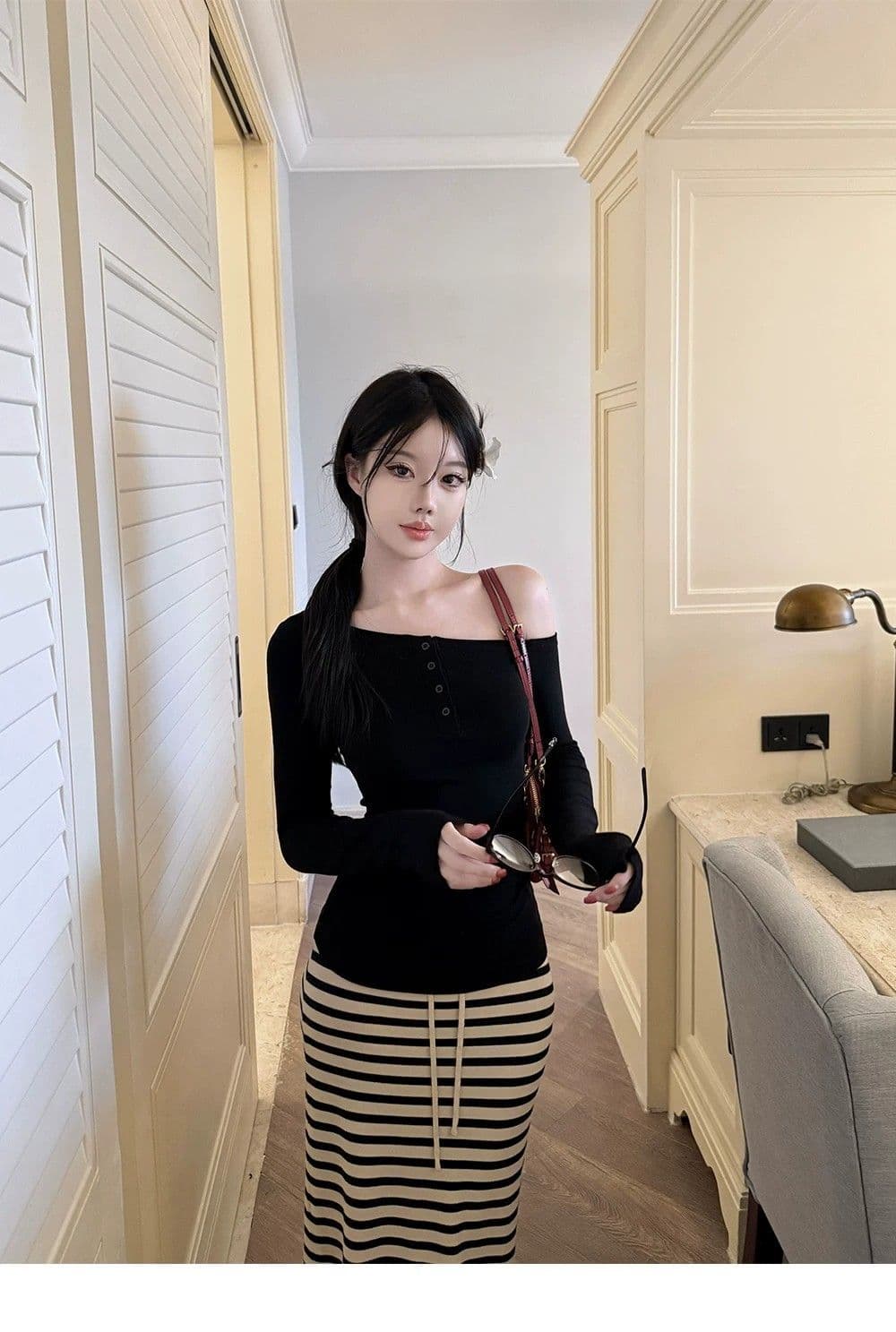 느긋한 스트라이프 니트 반신 스커트 여성 여름 한 부서 패션 품격 출퇴근 스트레이트 롱 스커트 슬림해 보이는 타이트 스커트 치마 상세 이미지 14