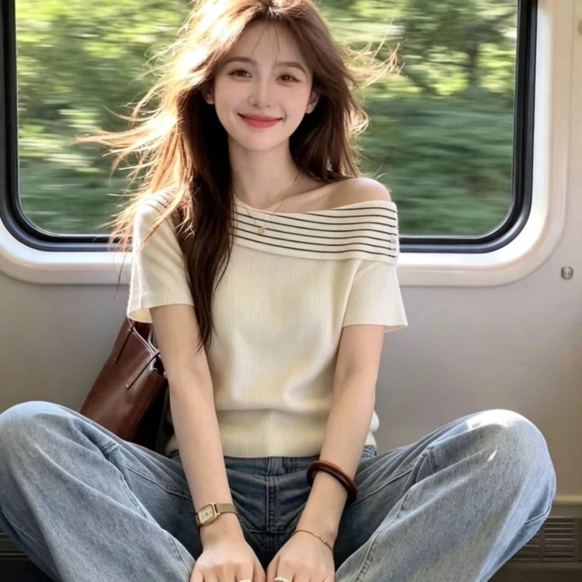 프랑스식 레트로 보트넥 단색 2026 년 여름 작은 대중 패치워크 반팔 품격 슬림해 보이는 니트 스웨터 맨위 여성 이미지 5