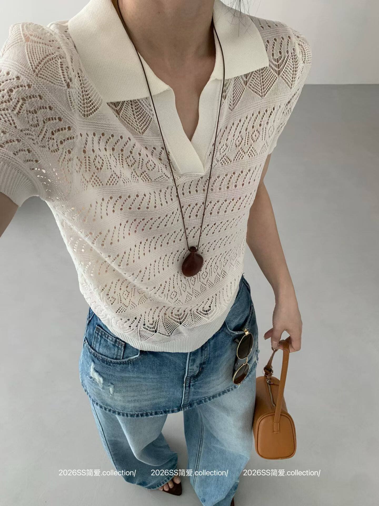아니요 자랑 오래된 돈 바람 프랑스식 레트로 POLO 칼라 반팔 니트 스웨터 여성 여름 홀로우 아웃 자수 슬림해 보이는 다용도 맨위 이미지 2