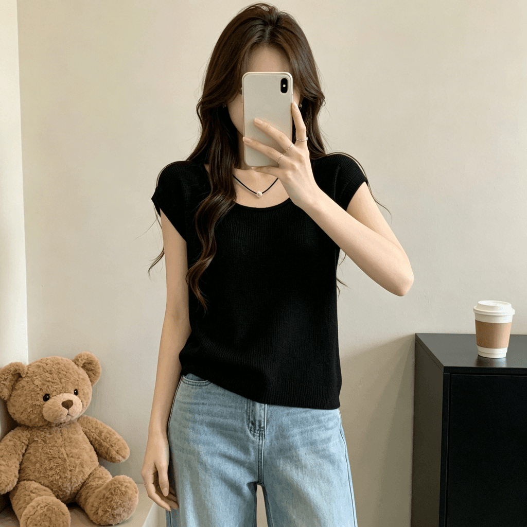 작은 키 디자인 센스 작은 대중 얇은 스타일 맨위 여성 빅 사이즈 통통한 여동생 여름 한 부서 품격 니트 반팔 티셔츠 상세 이미지 2