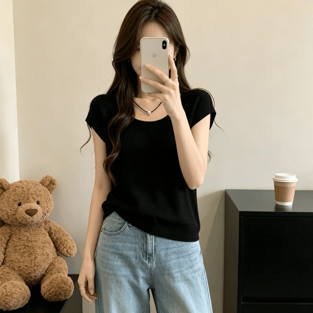 작은 키 디자인 센스 작은 대중 얇은 스타일 맨위 여성 빅 사이즈 통통한 여동생 여름 한 부서 품격 니트 반팔 티셔츠 상세 이미지 4