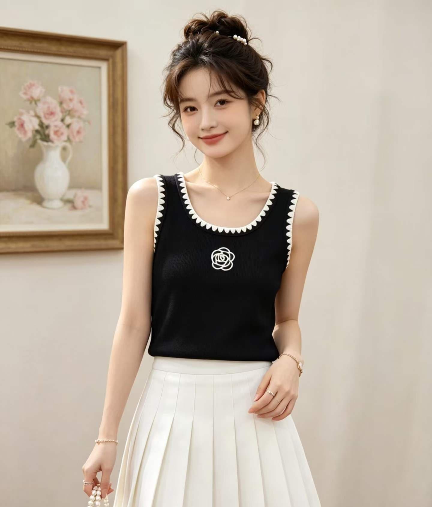 2026 작은 샤넬 스타일 u 칼라 동백 나무 패치워크 색상 개 치아 자수 레이스 풀오버 조끼 상세 이미지 6