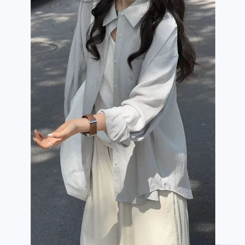 느긋한 느슨함 센스 구름 회색 블루 자외선 차단 여성 셔츠 여름 얇은 스타일 루즈핏 오래된 돈 바람 캐주얼 긴팔 셔츠 재킷