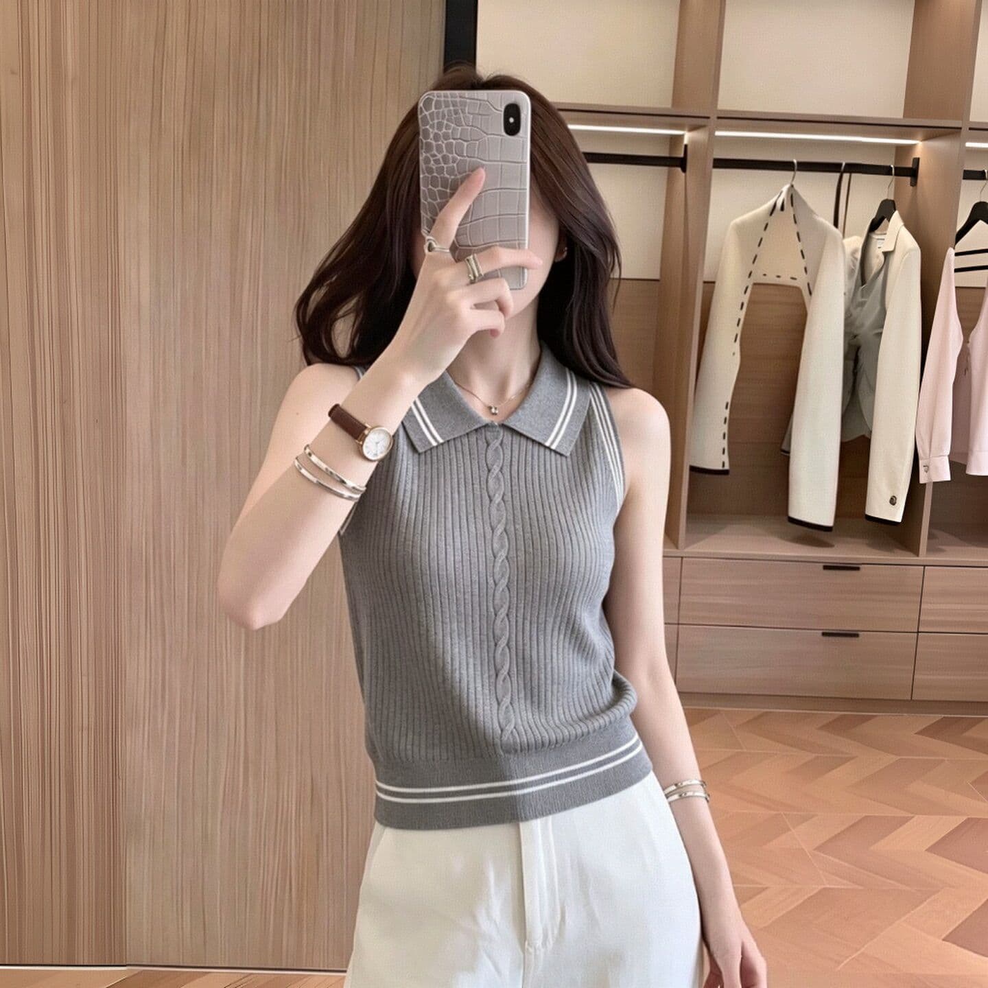 POLO 칼라 꽈배기 배색 니트 조끼 2026 여름 새로운 여성 의류 몸매 가꾸기 허리 수축 외출용 레트로 스타일 맨위 이미지 3