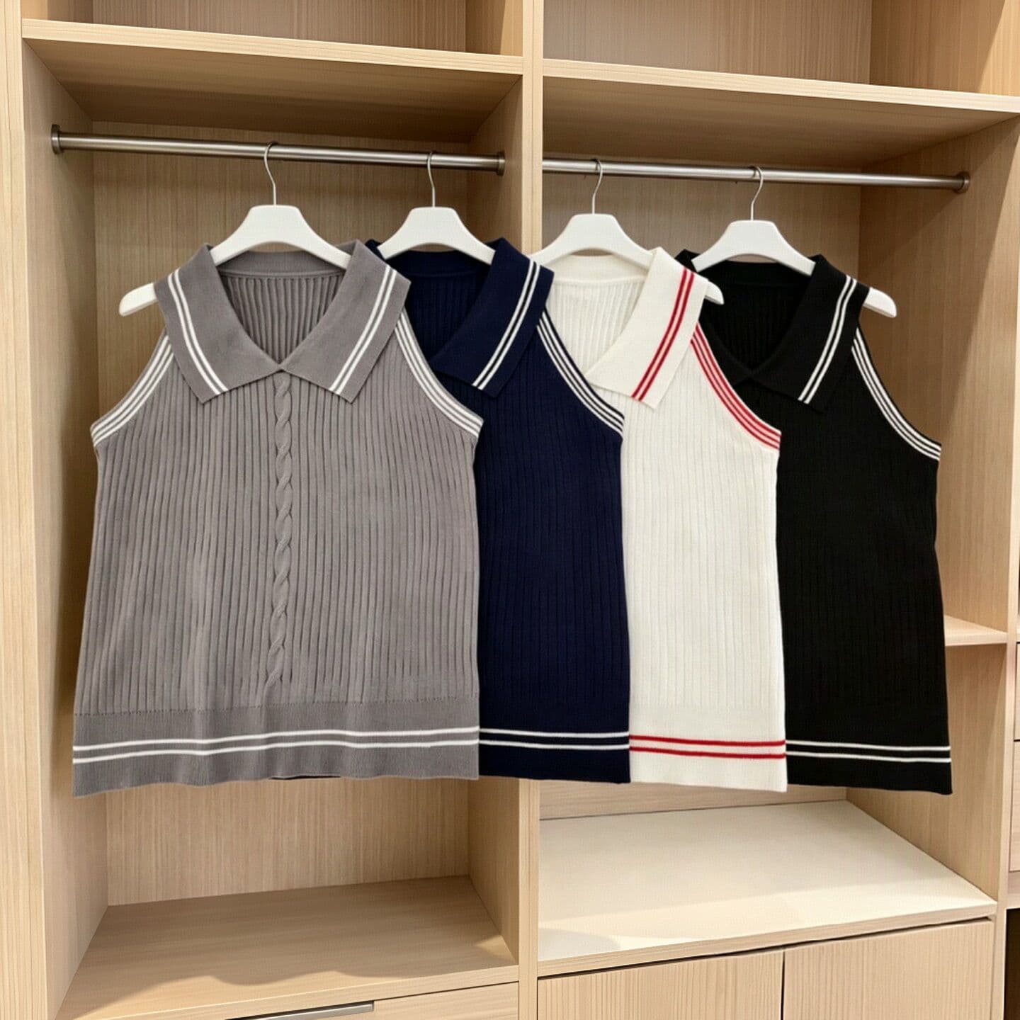 POLO 칼라 꽈배기 배색 니트 조끼 2026 여름 새로운 여성 의류 몸매 가꾸기 허리 수축 외출용 레트로 스타일 맨위 상세 이미지 5