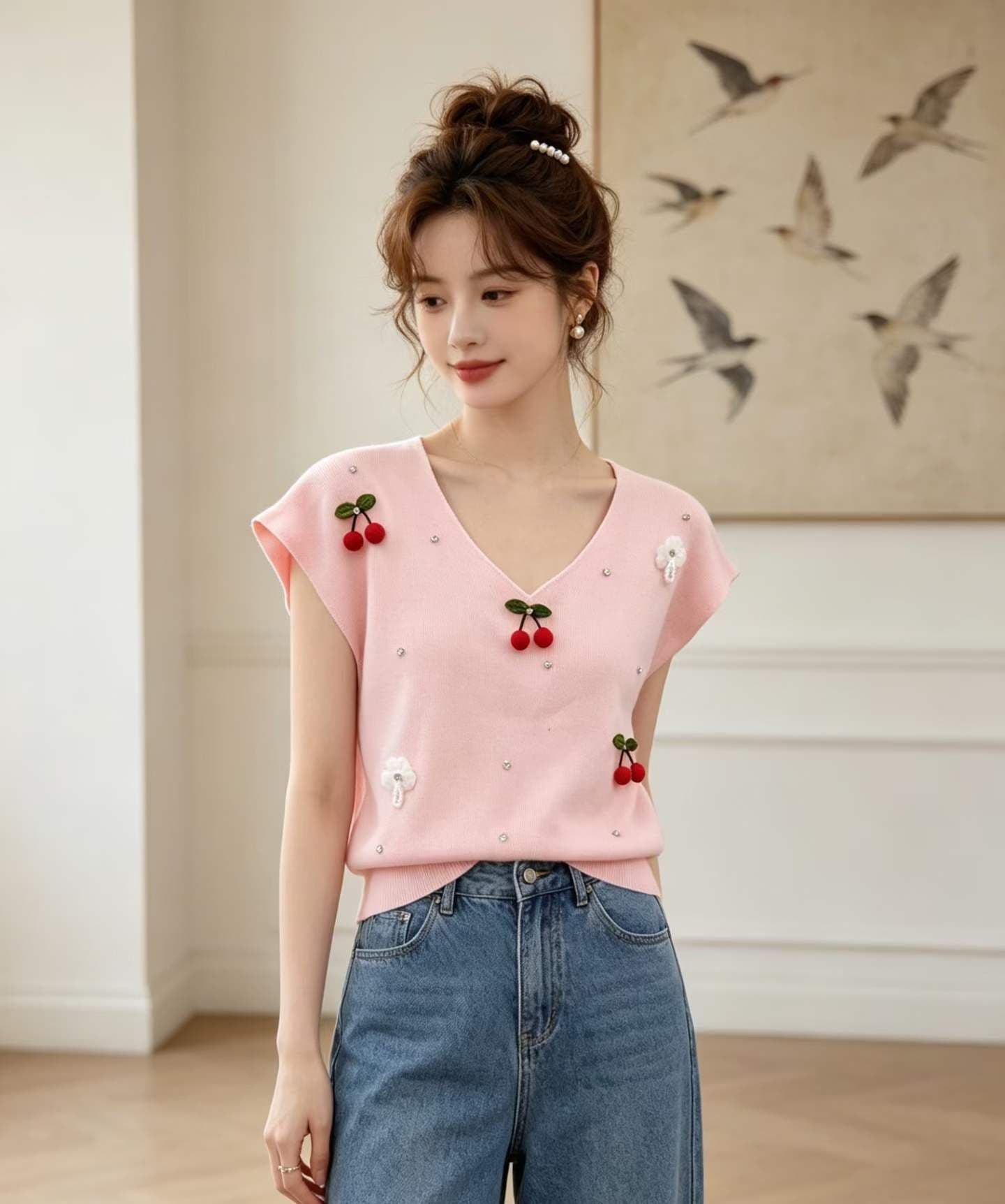 2026 패션 V넥 3 차원 체리 비즈 박기 배색 풀오버 맨위 이미지 2
