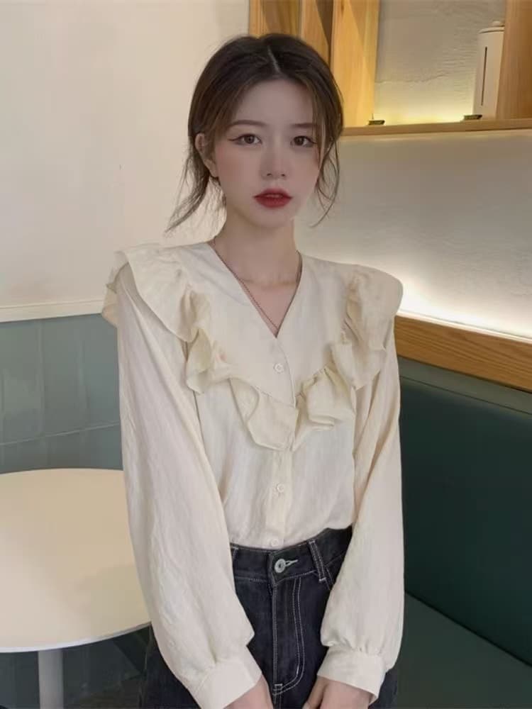 프릴 V넥 살구 색상 긴팔 여성 셔츠 가을 디자인 센스 작은 대중 프랑스식 부드러운 바람 슈퍼 요정 품격 맨위 상세 이미지 2