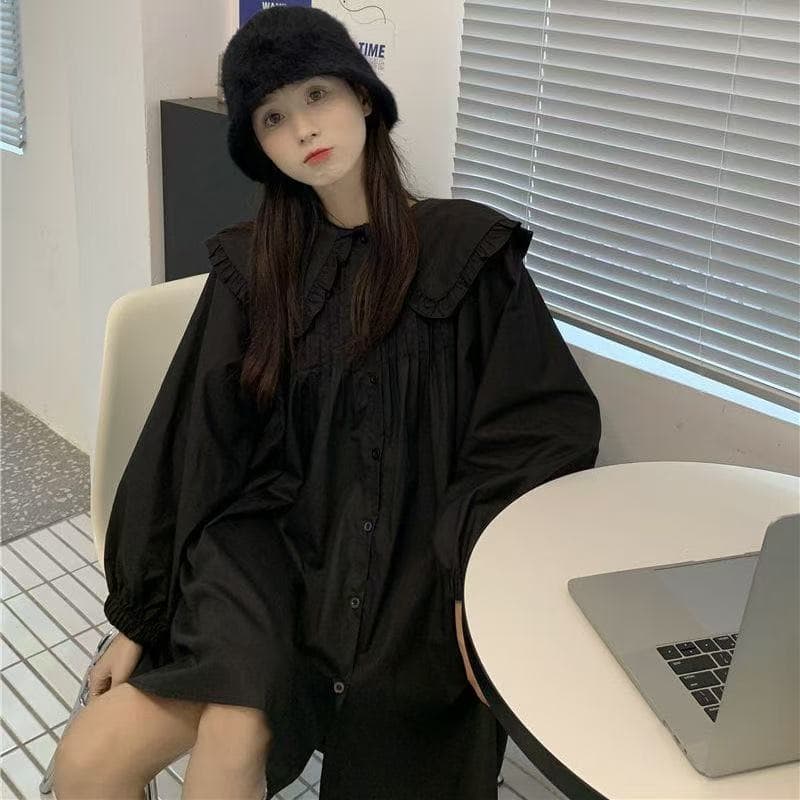 디자인 센스 작은 대중 베이비 칼라 여성 드레스 봄 가을 2026 새로운 레트로 프랑스식 슬림해 보이는 긴팔 루즈핏 셔츠 상세 이미지 6