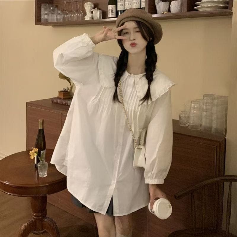 디자인 센스 작은 대중 베이비 칼라 여성 드레스 봄 가을 2026 새로운 레트로 프랑스식 슬림해 보이는 긴팔 루즈핏 셔츠 상세 이미지 9