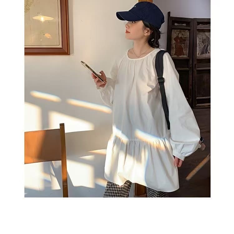 직접 만든 수 있습니다. 달콤한 수 있습니다. 소금 차 휴식 프랑스식 라운드 넥 벌룬 소매 루즈핏 프로필 모양 인형 치마 여성 드레스 2026 상세 이미지 3
