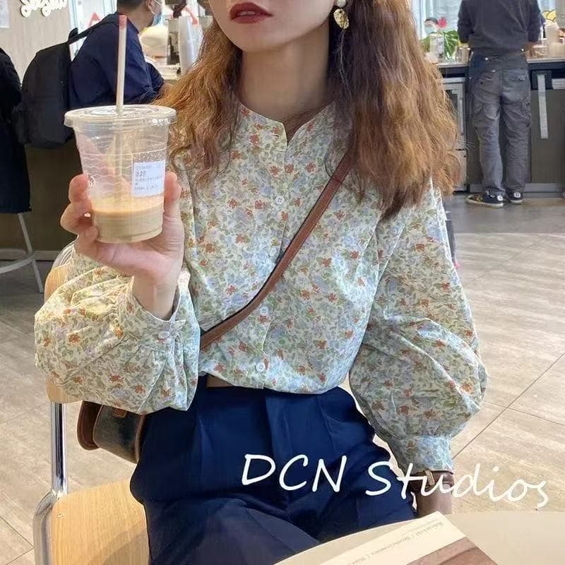봄 가을 새로운 미니멀리즘 캐주얼 한 부서 레트로 밝은 녹색 작은 재스민 있음 뼈대 ~ 중 스탠드 칼라 세련된 꽃무늬 셔츠 트렌디