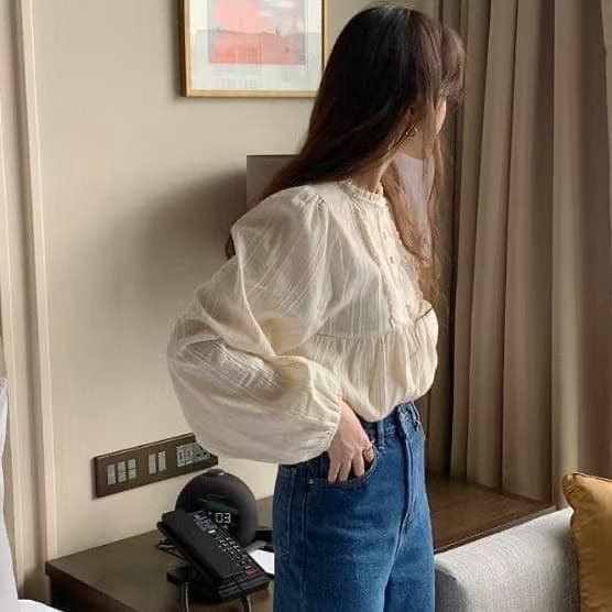 프랑스식 레트로 라운드 넥 레이스 화이트 여성 셔츠 봄 가을 인사이드 가져 가라. 셔츠 고급 센스 Chic 품격 긴팔 맨위 상세 이미지 5