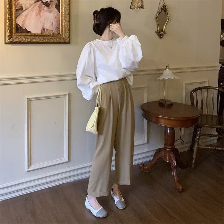 2026 프랑스식 벌룬 소매 여성 셔츠 가을 디자인 센스 루즈핏 연령 감소 다용도 라운드 넥 셔츠 버블 긴팔 맨위 상세 이미지 6
