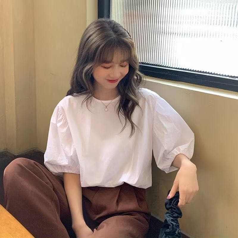 화이트 거품 소매 맨위 여성 루즈핏 프랑스식 품격 반팔 셔츠 디자인 센스 항구 바람 다용도 패션 외국 가스 트렌디 상세 이미지 8